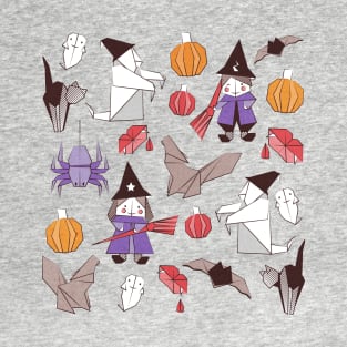 Halloween origami tricks // white and coloured paper and cardboard geometric witches cats ghosts spiders wolfs bats Dracula lips and pumpkins T-Shirt